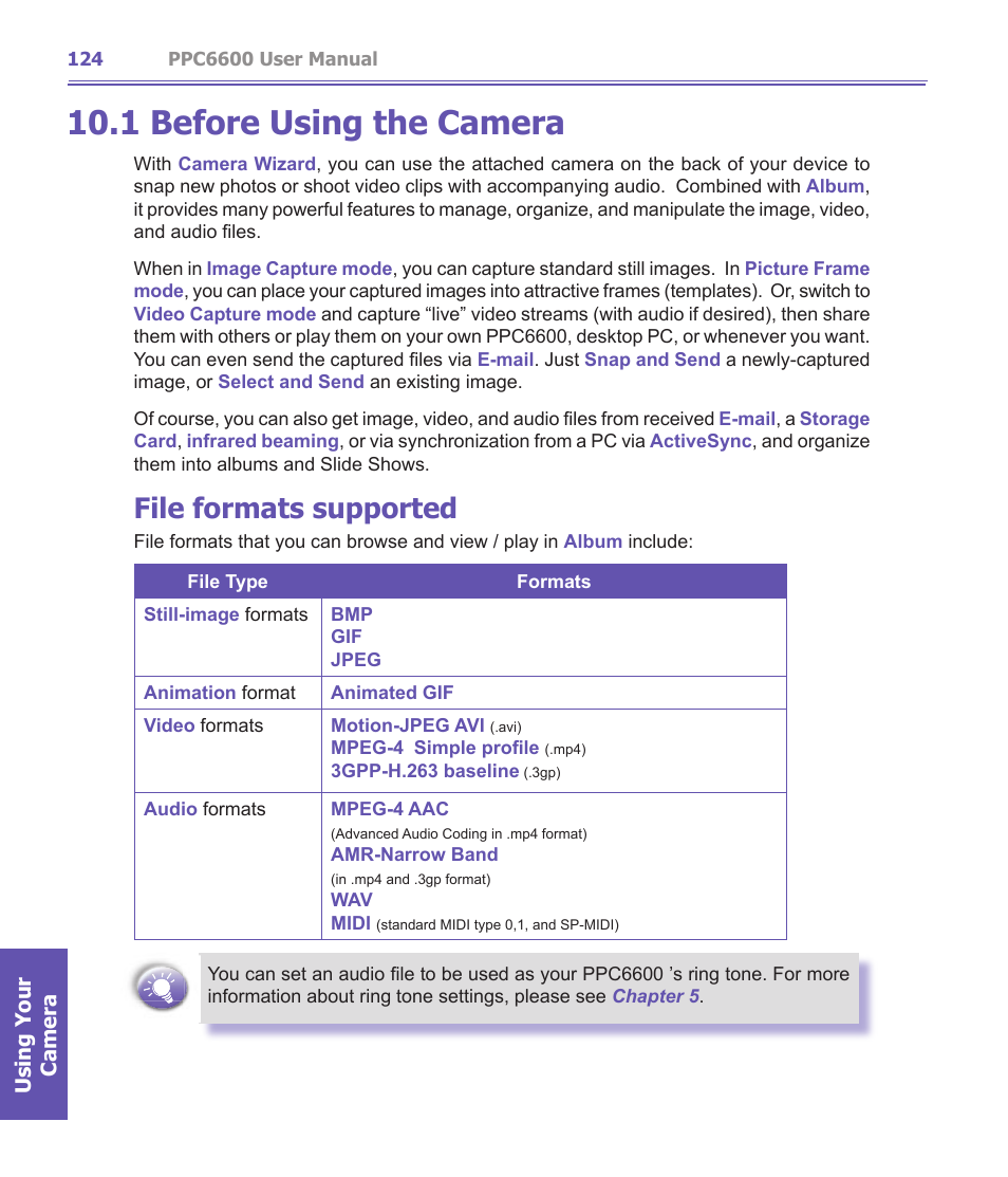 1 before using the camera, File formats supported | Audiovox PPC-6600 User Manual | Page 125 / 167