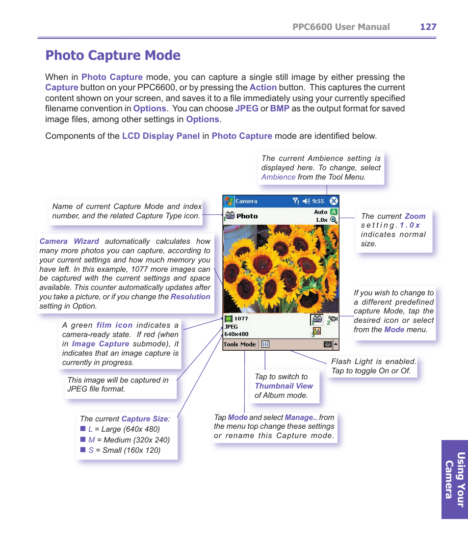 Photo capture mode, Using your camera | Audiovox PPC-6600 User Manual | Page 128 / 167