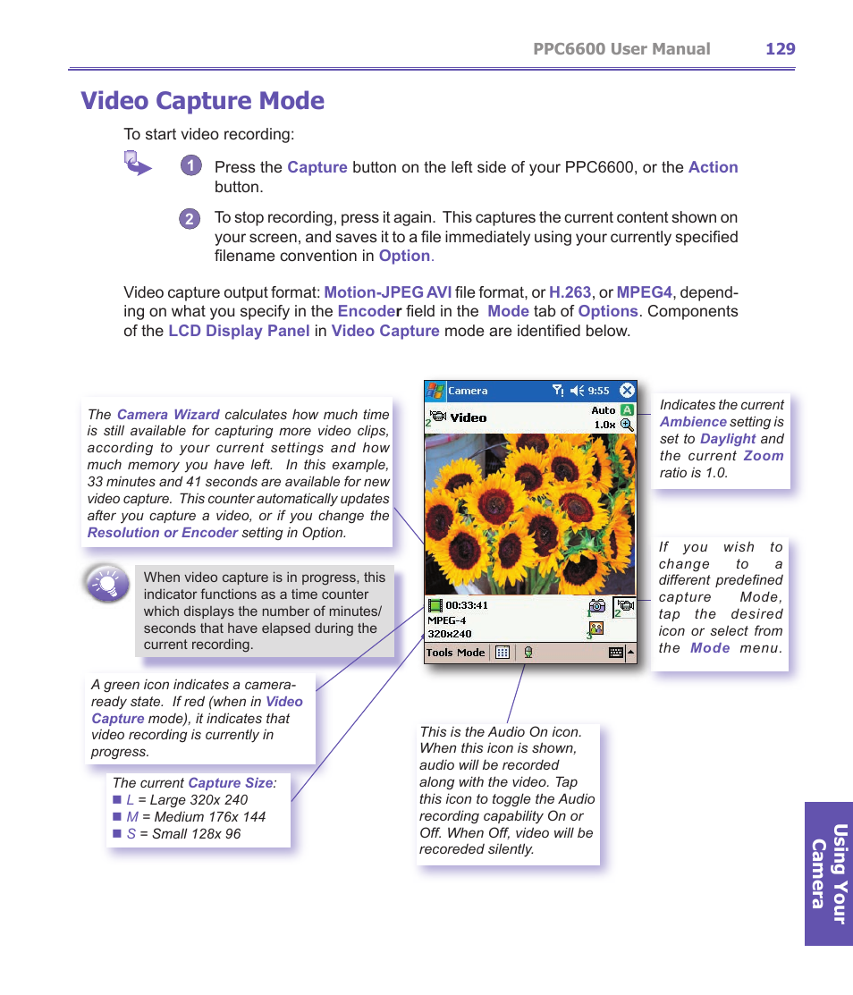 Video capture mode, Using your camera | Audiovox PPC-6600 User Manual | Page 130 / 167