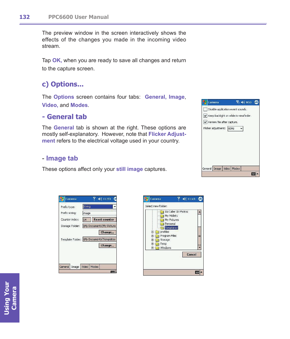 C) options, General tab, Image tab | Audiovox PPC-6600 User Manual | Page 133 / 167