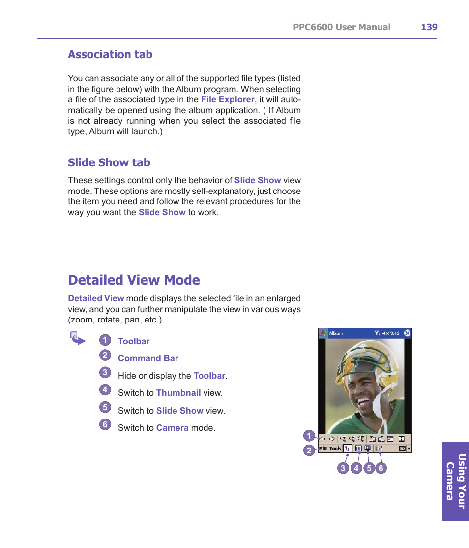 Detailed view mode, Association tab, Slide show tab | Audiovox PPC-6600 User Manual | Page 140 / 167