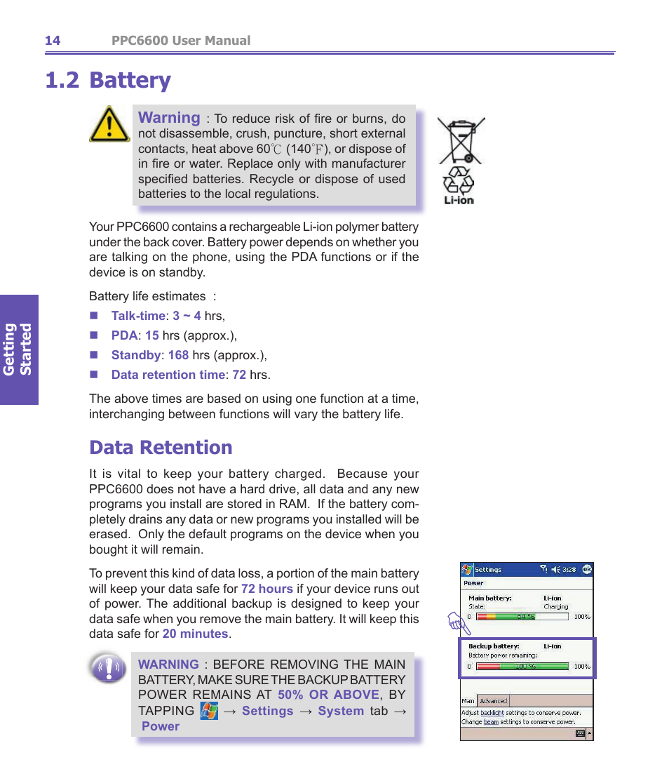 2 battery, Data retention, Warning | Audiovox PPC-6600 User Manual | Page 15 / 167