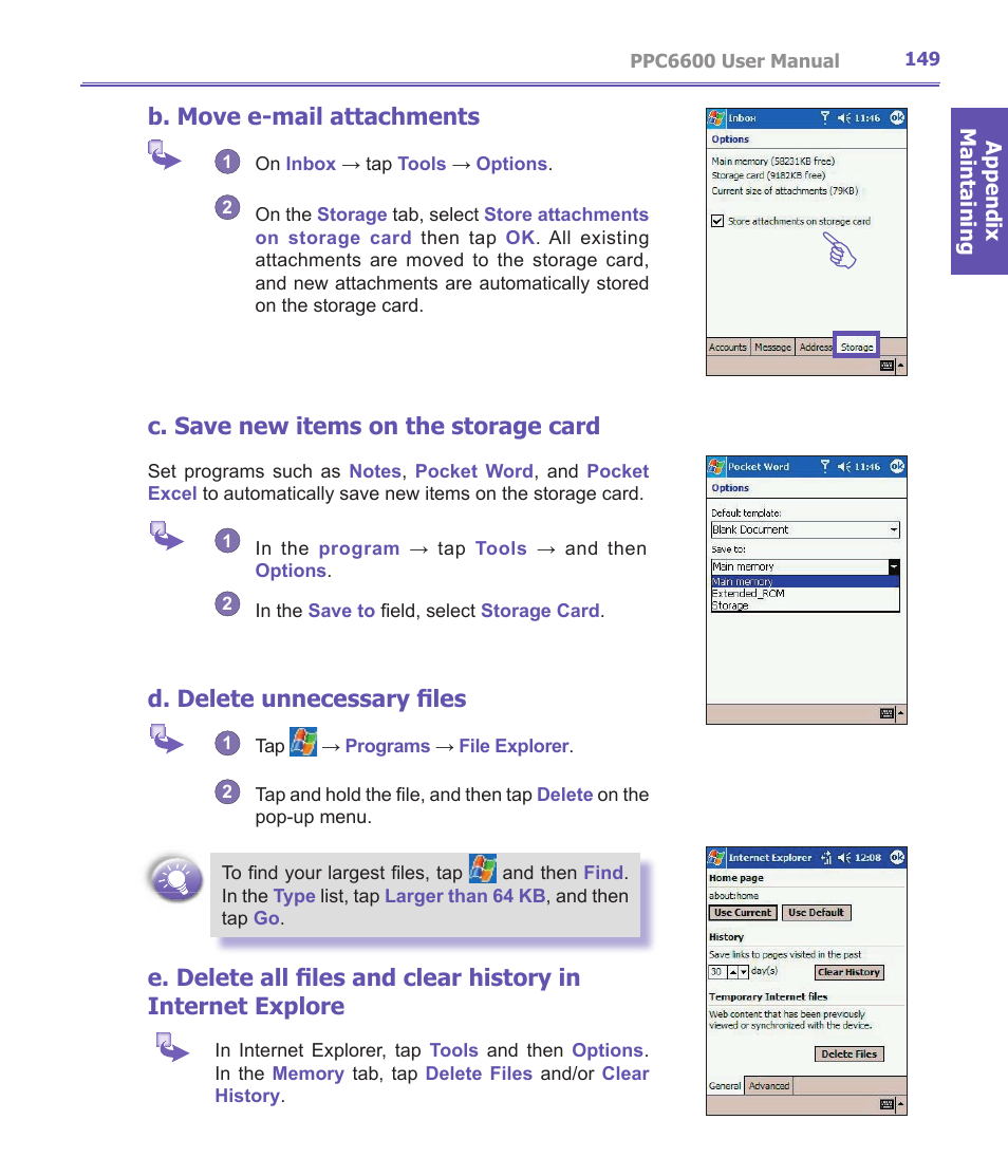 B. move e-mail attachments, C. save new items on the storage card, D. delete unnecessary files | Audiovox PPC-6600 User Manual | Page 150 / 167