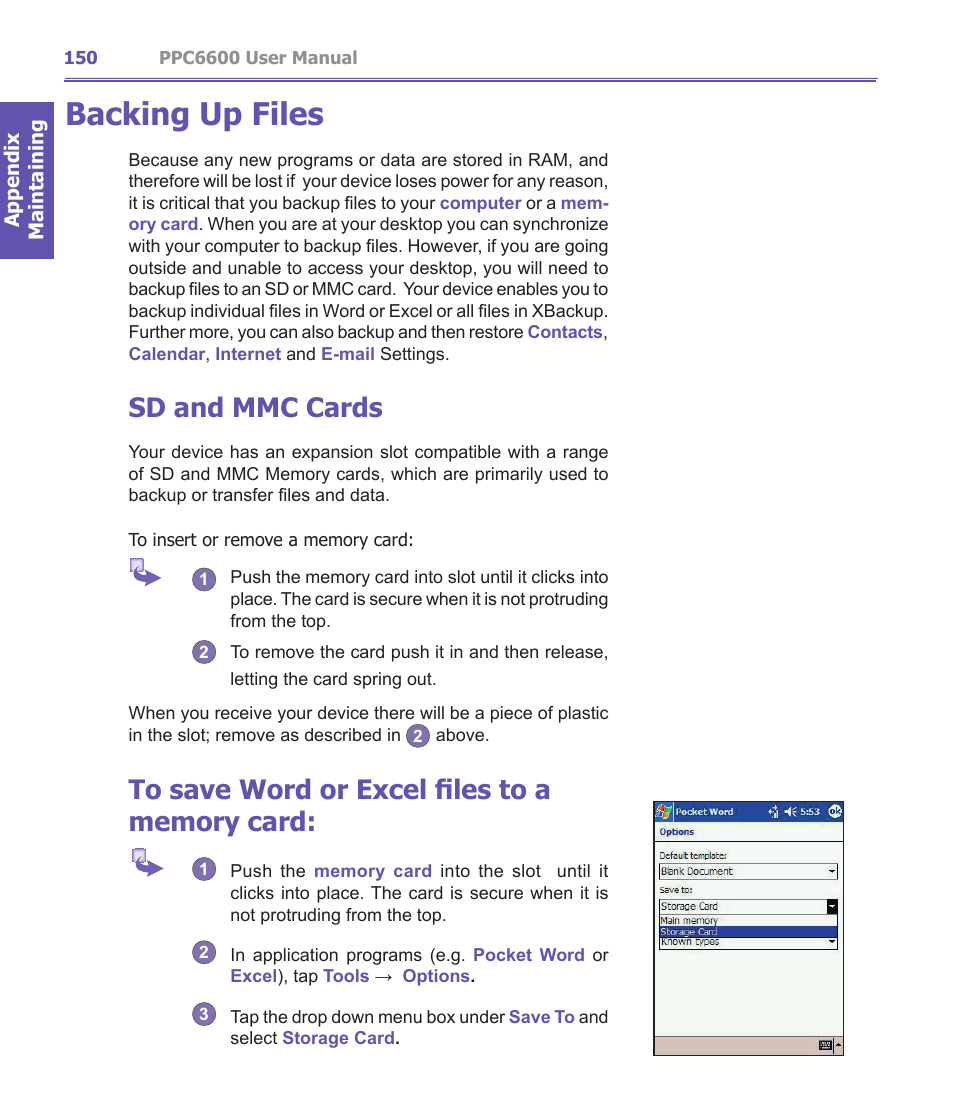 Backing up files, Sd and mmc cards | Audiovox PPC-6600 User Manual | Page 151 / 167