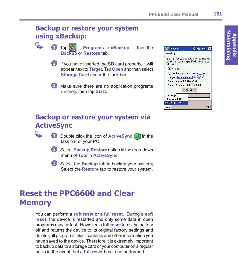 Backup or restore your system using xbackup, Backup or restore your system via activesync | Audiovox PPC-6600 User Manual | Page 152 / 167