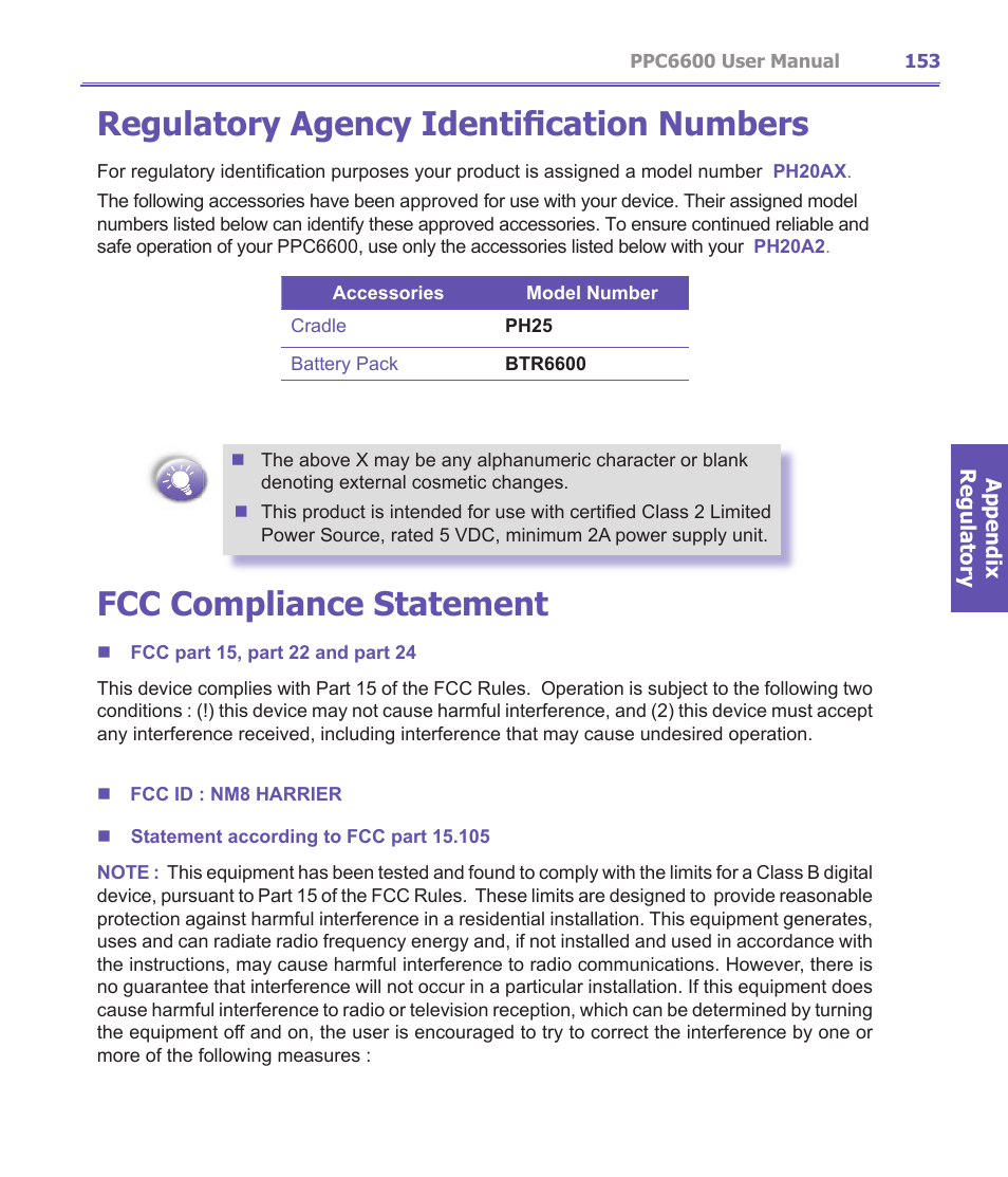 Regulatory agency identification numbers, Fcc compliance statement | Audiovox PPC-6600 User Manual | Page 154 / 167