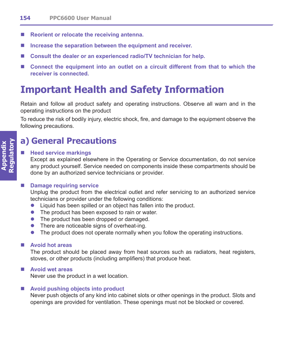 Important health and safety information, A) general precautions | Audiovox PPC-6600 User Manual | Page 155 / 167