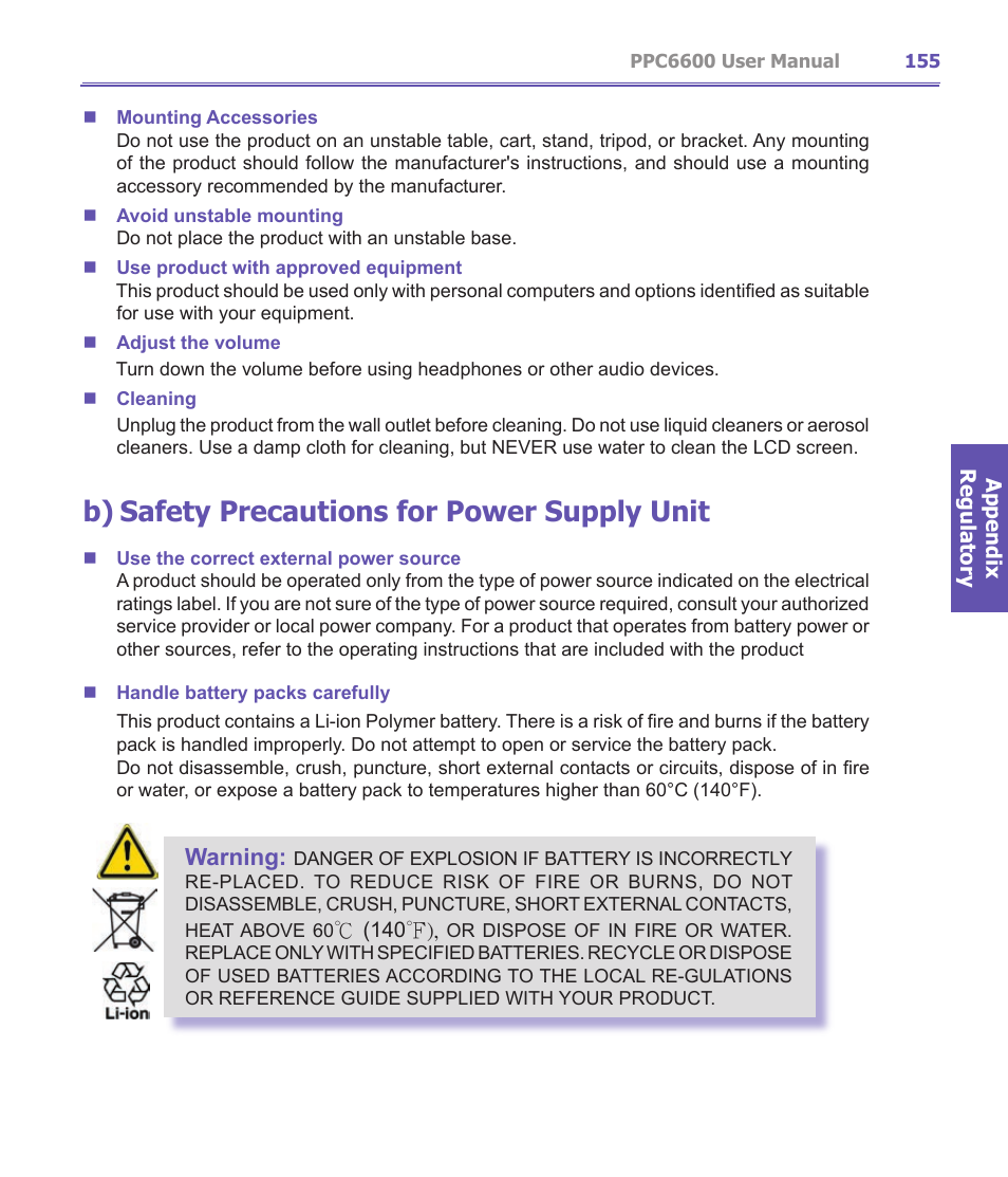 B) safety precautions for power supply unit, Warning | Audiovox PPC-6600 User Manual | Page 156 / 167