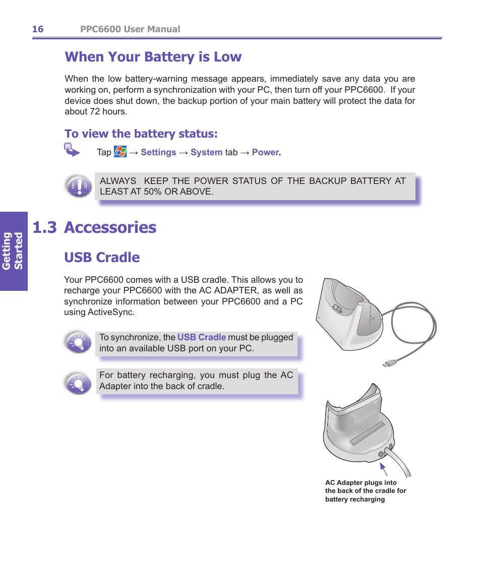 3 accessories, When your battery is low, Usb cradle | Audiovox PPC-6600 User Manual | Page 17 / 167