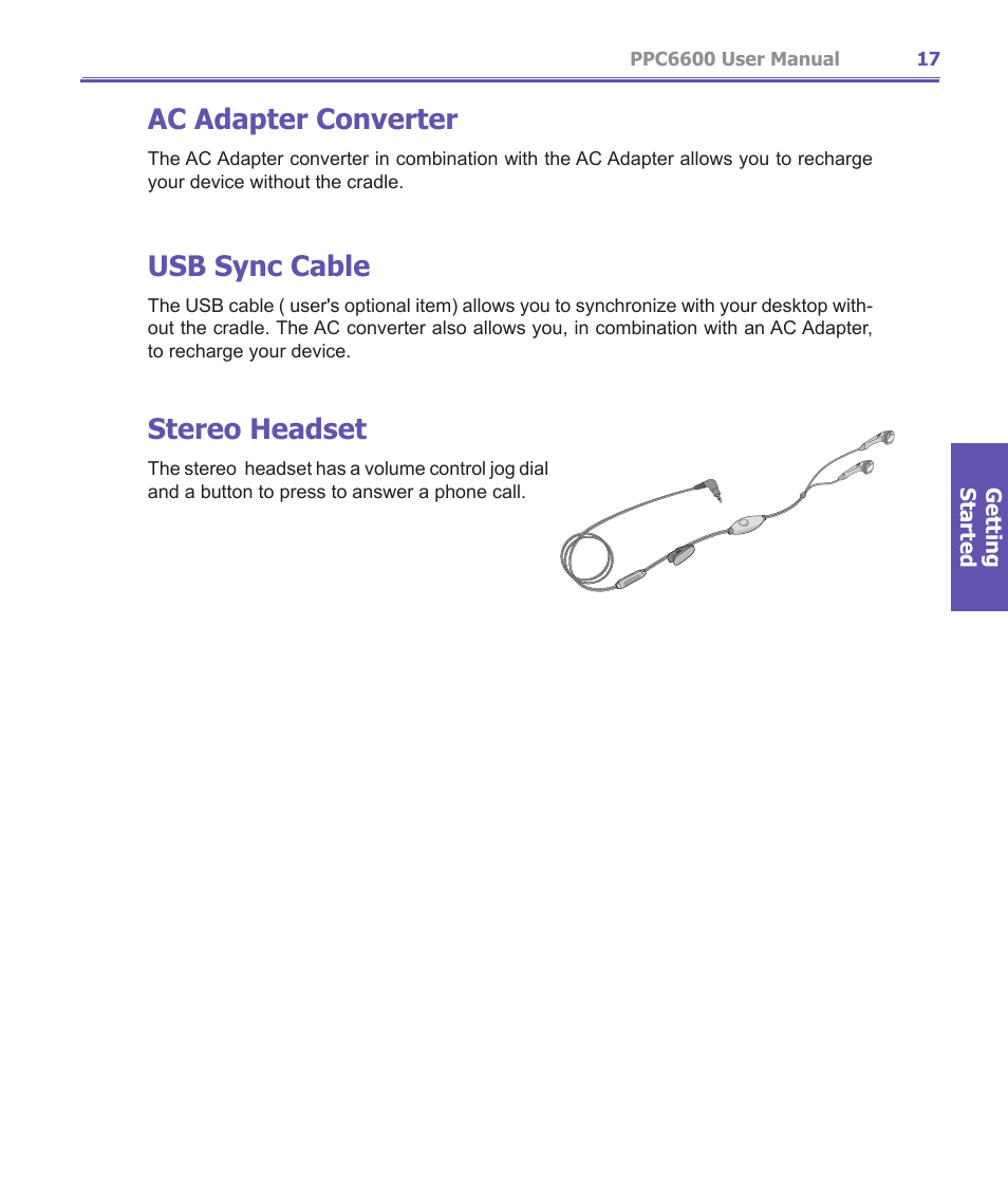 Ac adapter converter, Usb sync cable, Stereo headset | Audiovox PPC-6600 User Manual | Page 18 / 167