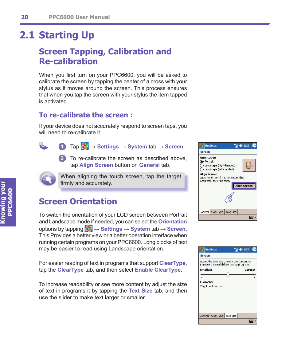 1 starting up, Screen tapping, calibration and re-calibration, Screen orientation | Audiovox PPC-6600 User Manual | Page 21 / 167