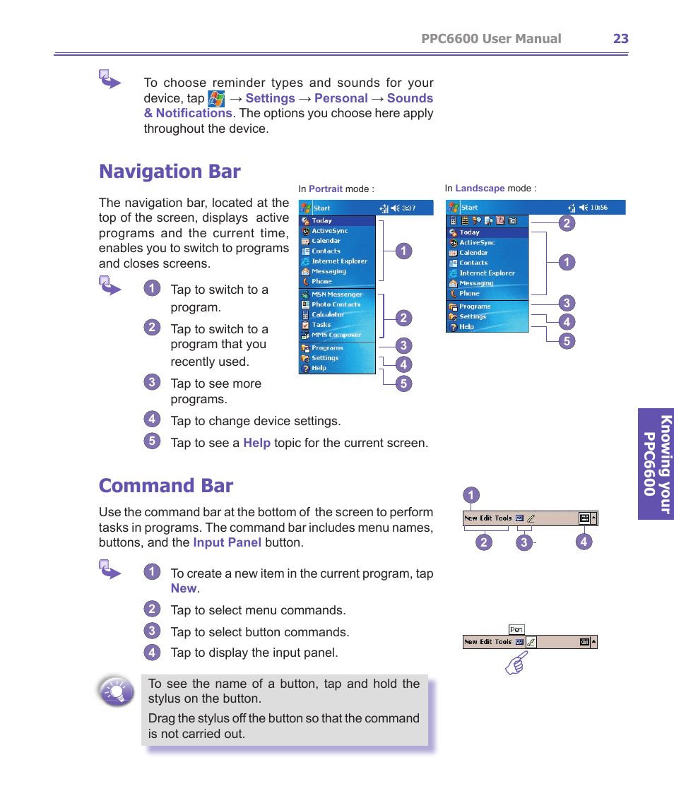 Navigation bar, Command bar | Audiovox PPC-6600 User Manual | Page 24 / 167