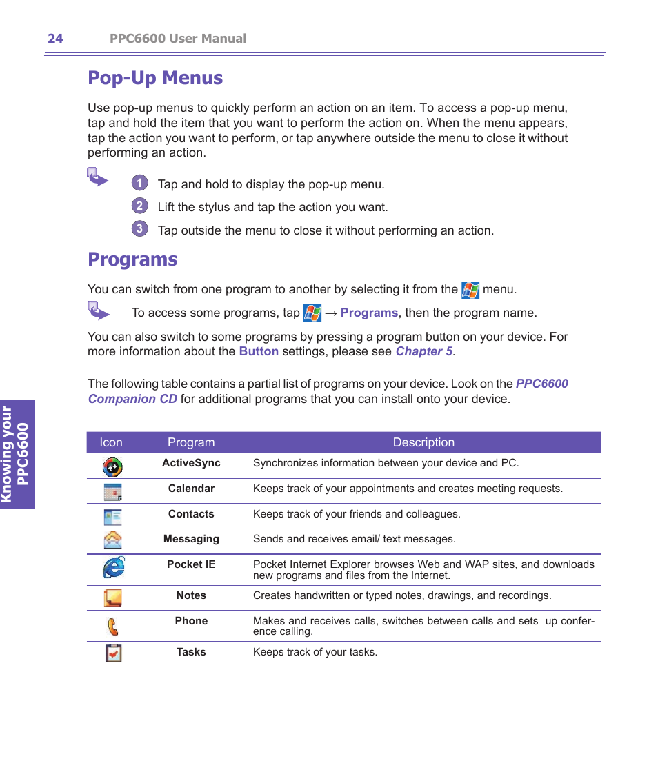 Pop-up menus, Programs | Audiovox PPC-6600 User Manual | Page 25 / 167