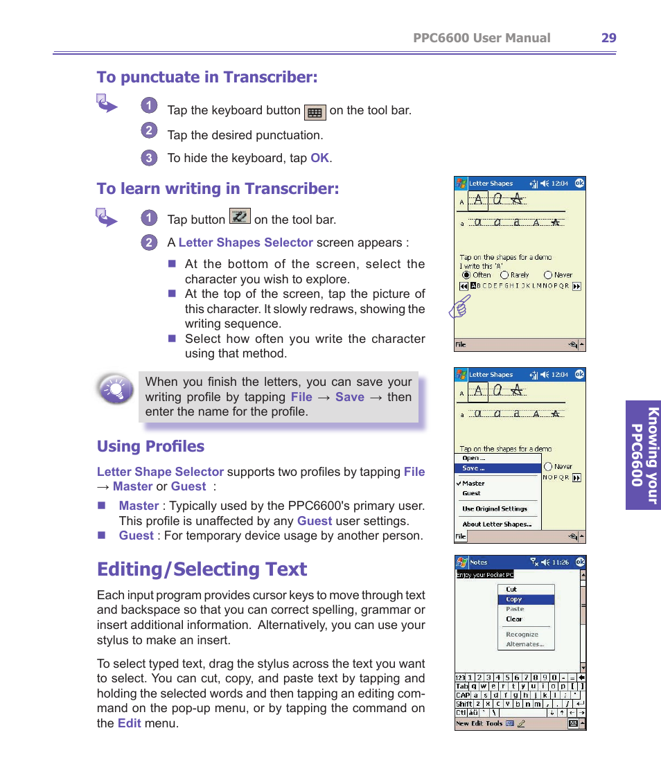 Editing/selecting text, Using profiles | Audiovox PPC-6600 User Manual | Page 30 / 167