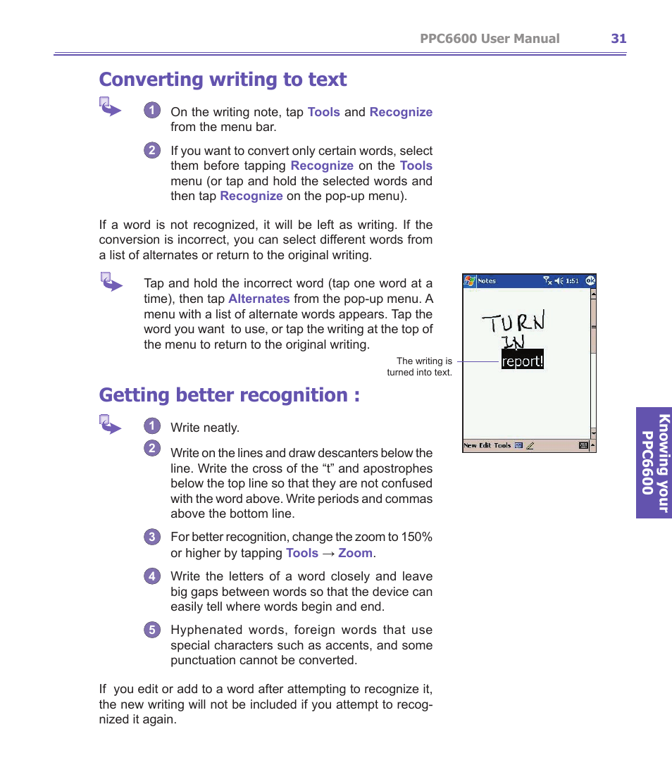Converting writing to text, Getting better recognition | Audiovox PPC-6600 User Manual | Page 32 / 167