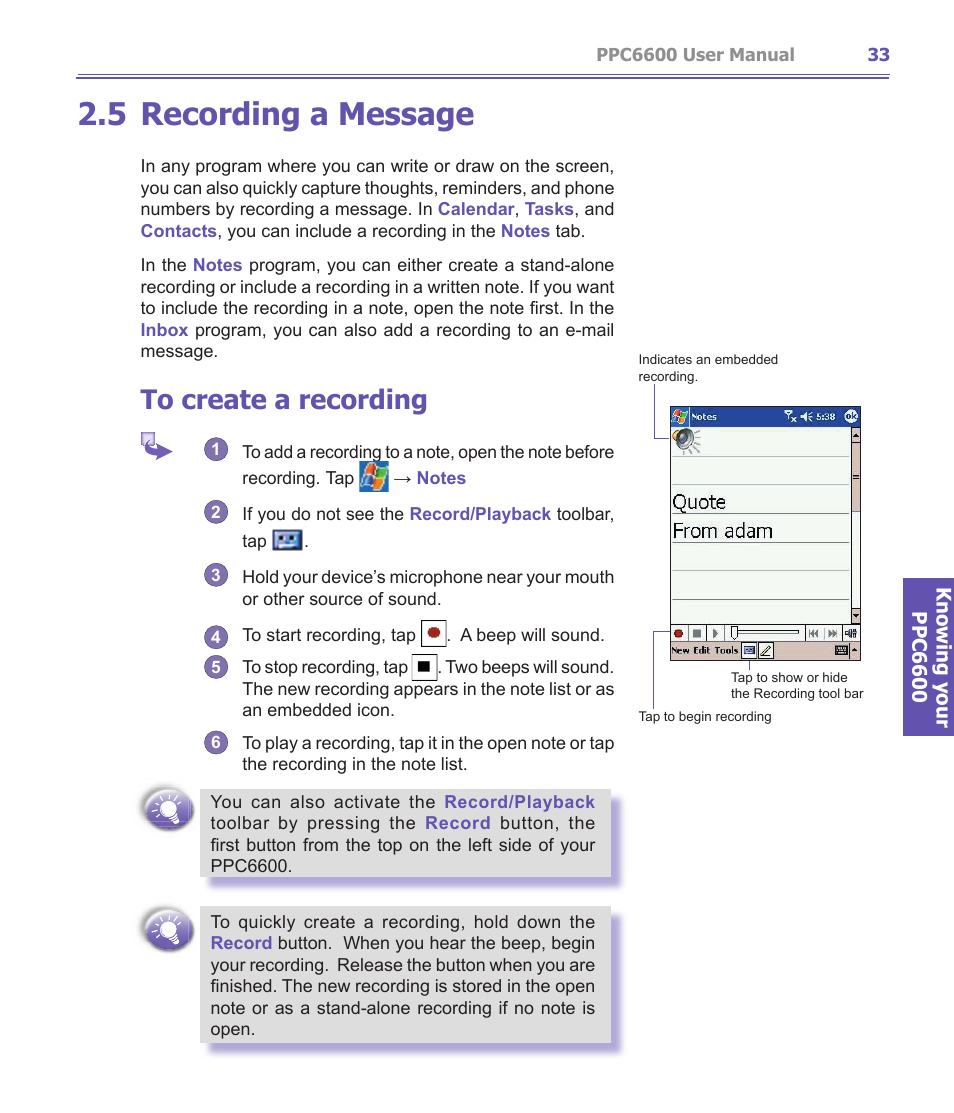 5 recording a message | Audiovox PPC-6600 User Manual | Page 34 / 167