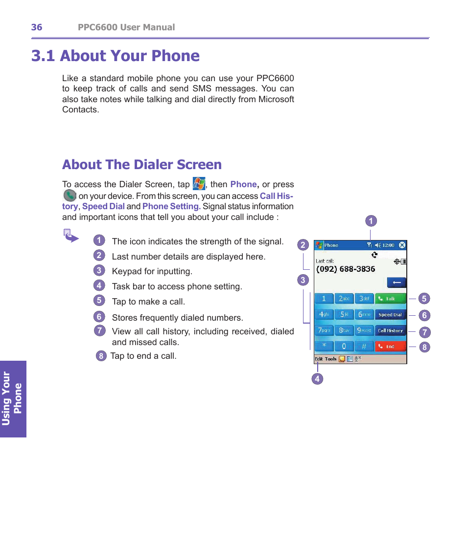 1 about your phone, About the dialer screen | Audiovox PPC-6600 User Manual | Page 37 / 167