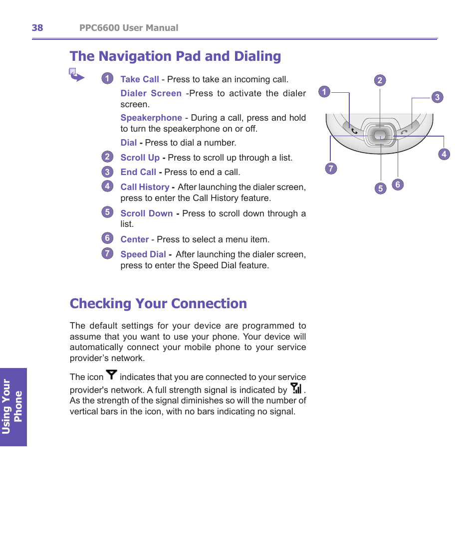 The navigation pad and dialing, Checking your connection | Audiovox PPC-6600 User Manual | Page 39 / 167