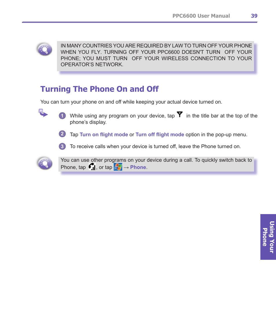 Turning the phone on and off | Audiovox PPC-6600 User Manual | Page 40 / 167