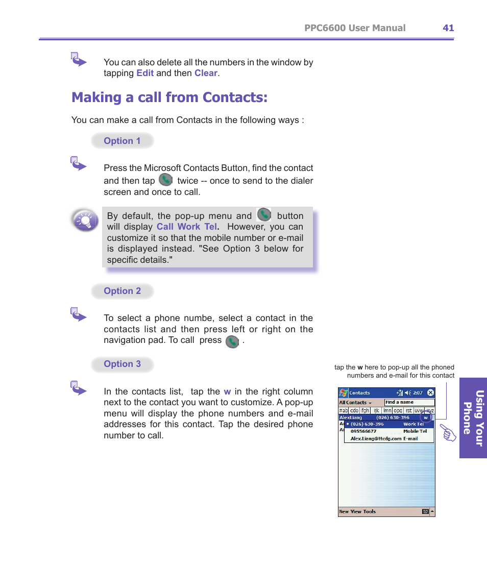 Making a call from contacts | Audiovox PPC-6600 User Manual | Page 42 / 167