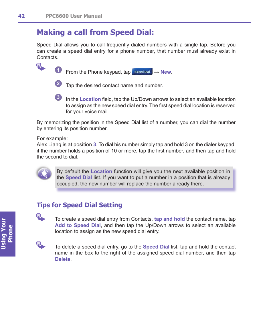 Making a call from speed dial, Tips for speed dial setting | Audiovox PPC-6600 User Manual | Page 43 / 167