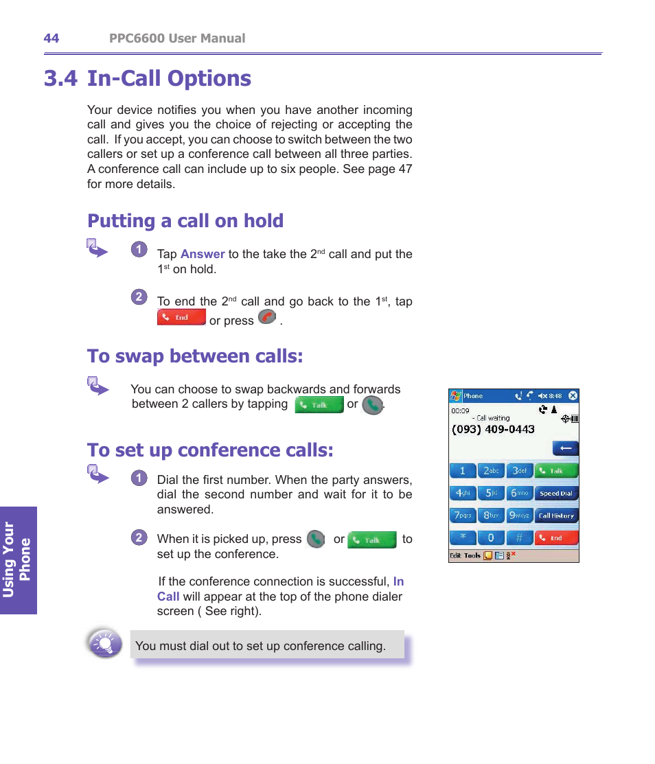 4 in-call options, Putting a call on hold | Audiovox PPC-6600 User Manual | Page 45 / 167