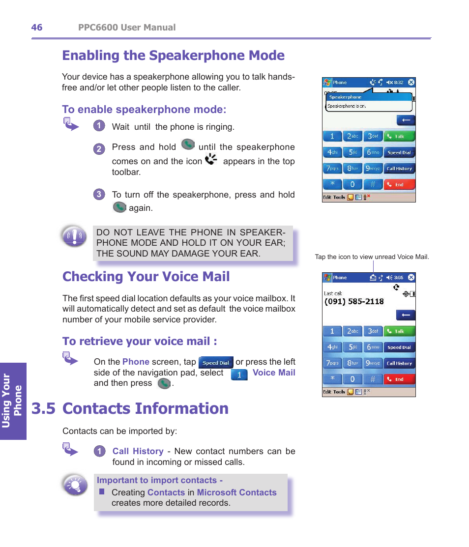 5 contacts information, Checking your voice mail, Enabling the speakerphone mode | Audiovox PPC-6600 User Manual | Page 47 / 167