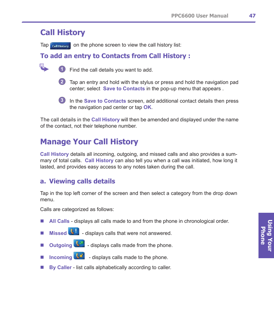 Call history, Manage your call history, A. viewing calls details | Audiovox PPC-6600 User Manual | Page 48 / 167