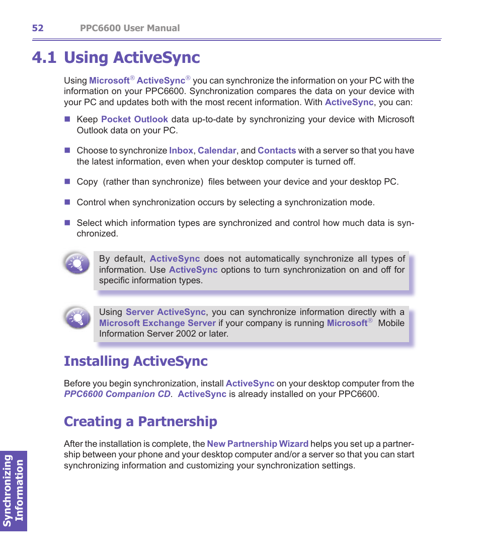 1 using activesync, Installing activesync, Creating a partnership | Audiovox PPC-6600 User Manual | Page 53 / 167