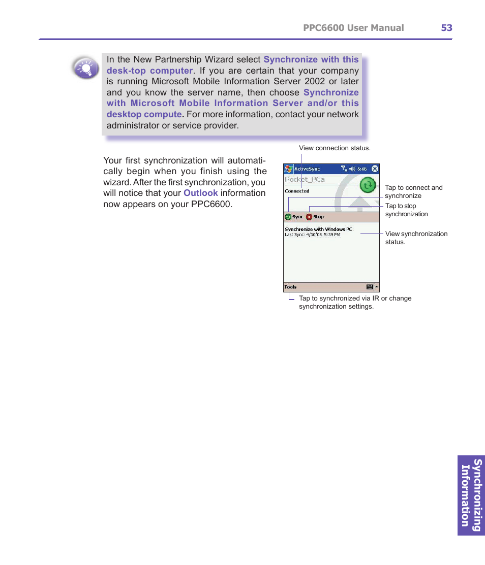 Synchronizing information | Audiovox PPC-6600 User Manual | Page 54 / 167