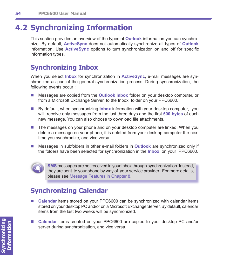 2 synchronizing information, Synchronizing inbox, Synchronizing calendar | Audiovox PPC-6600 User Manual | Page 55 / 167