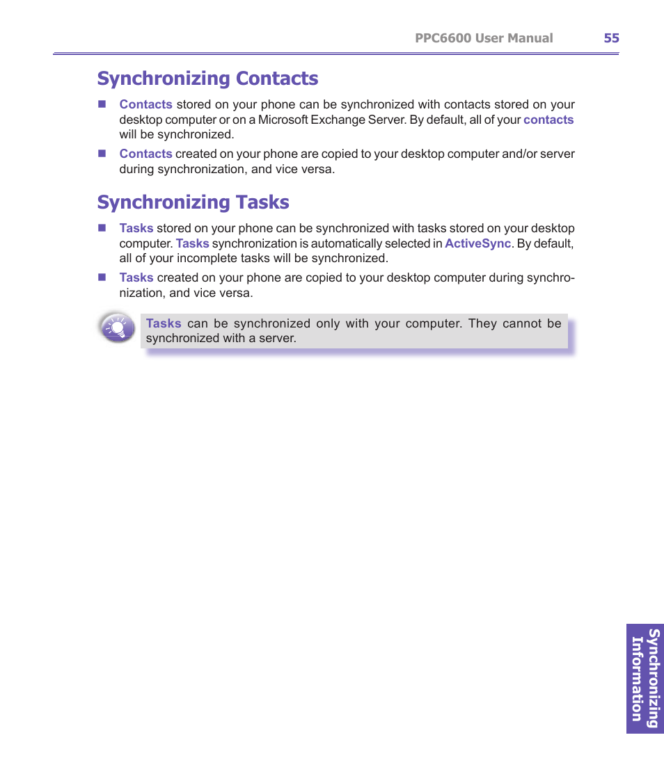 Synchronizing contacts, Synchronizing tasks | Audiovox PPC-6600 User Manual | Page 56 / 167