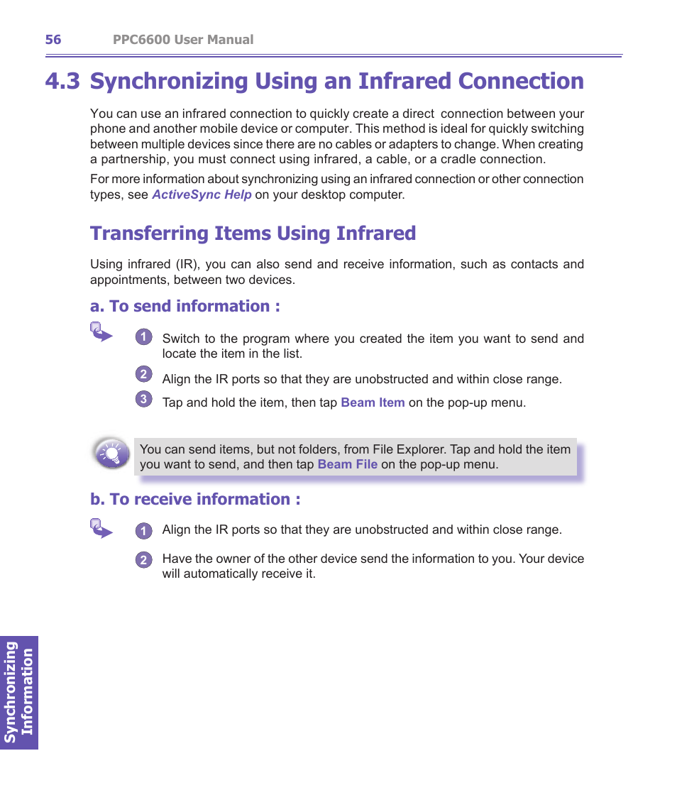 3 synchronizing using an infrared connection, Transferring items using infrared, A. to send information | B. to receive information | Audiovox PPC-6600 User Manual | Page 57 / 167