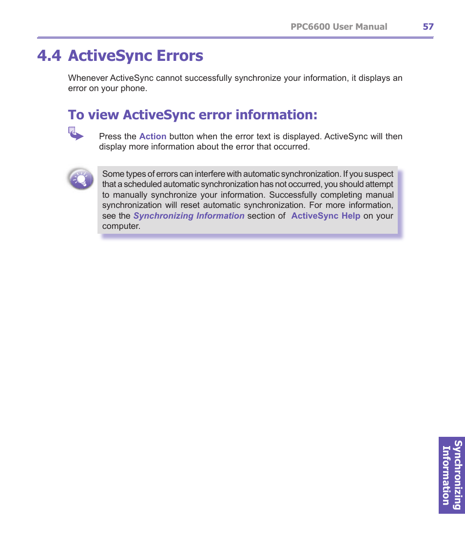 4 activesync errors | Audiovox PPC-6600 User Manual | Page 58 / 167