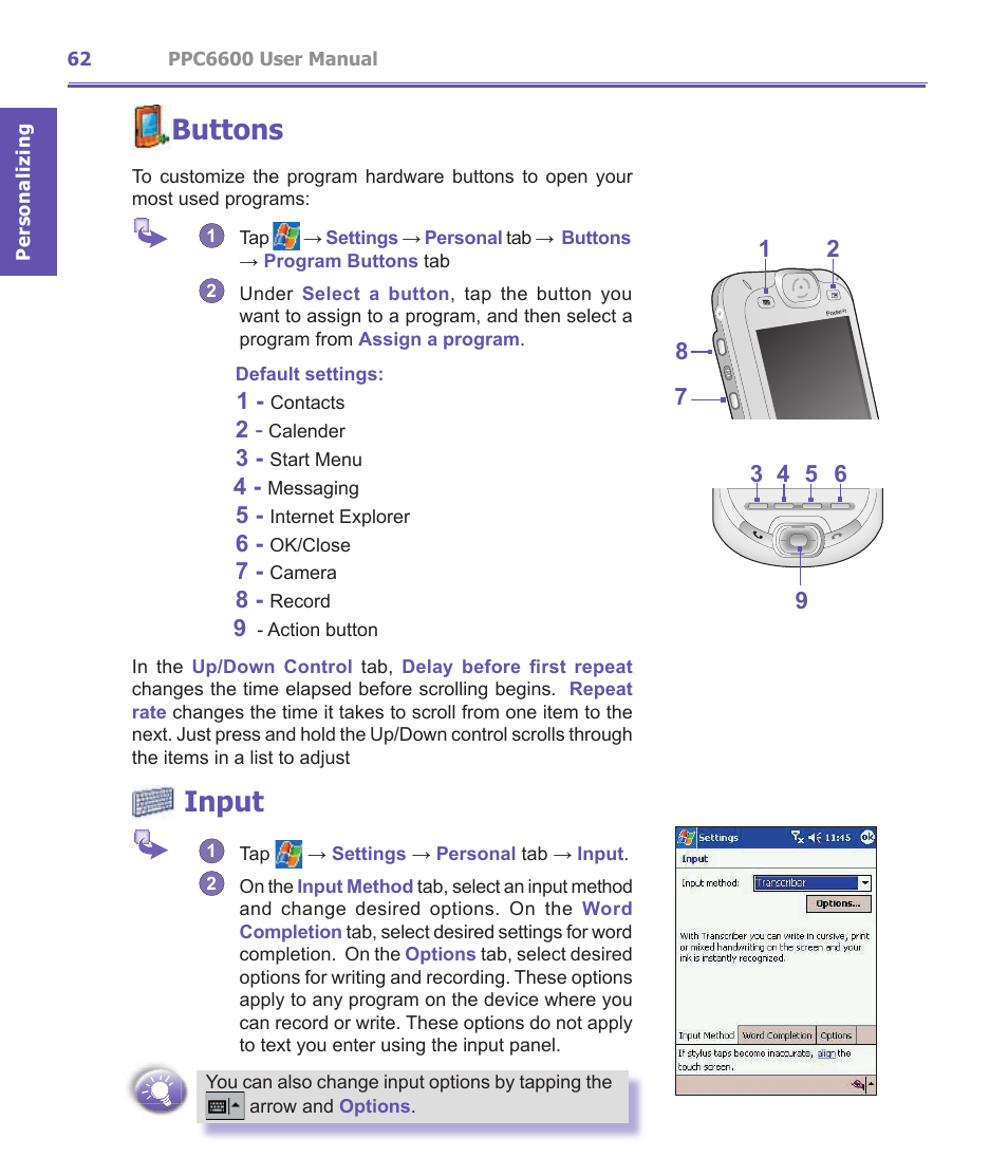 Buttons, Input | Audiovox PPC-6600 User Manual | Page 63 / 167