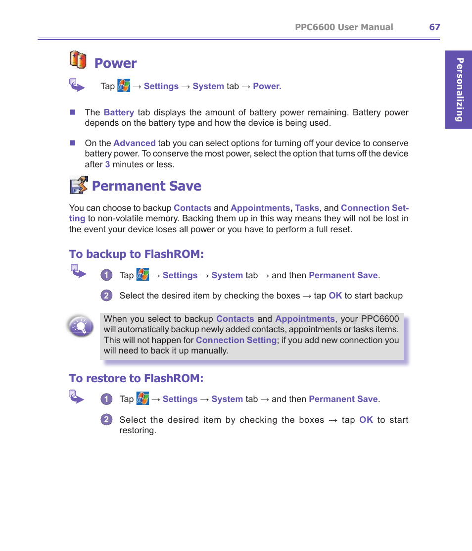 Power, Permanent save | Audiovox PPC-6600 User Manual | Page 68 / 167