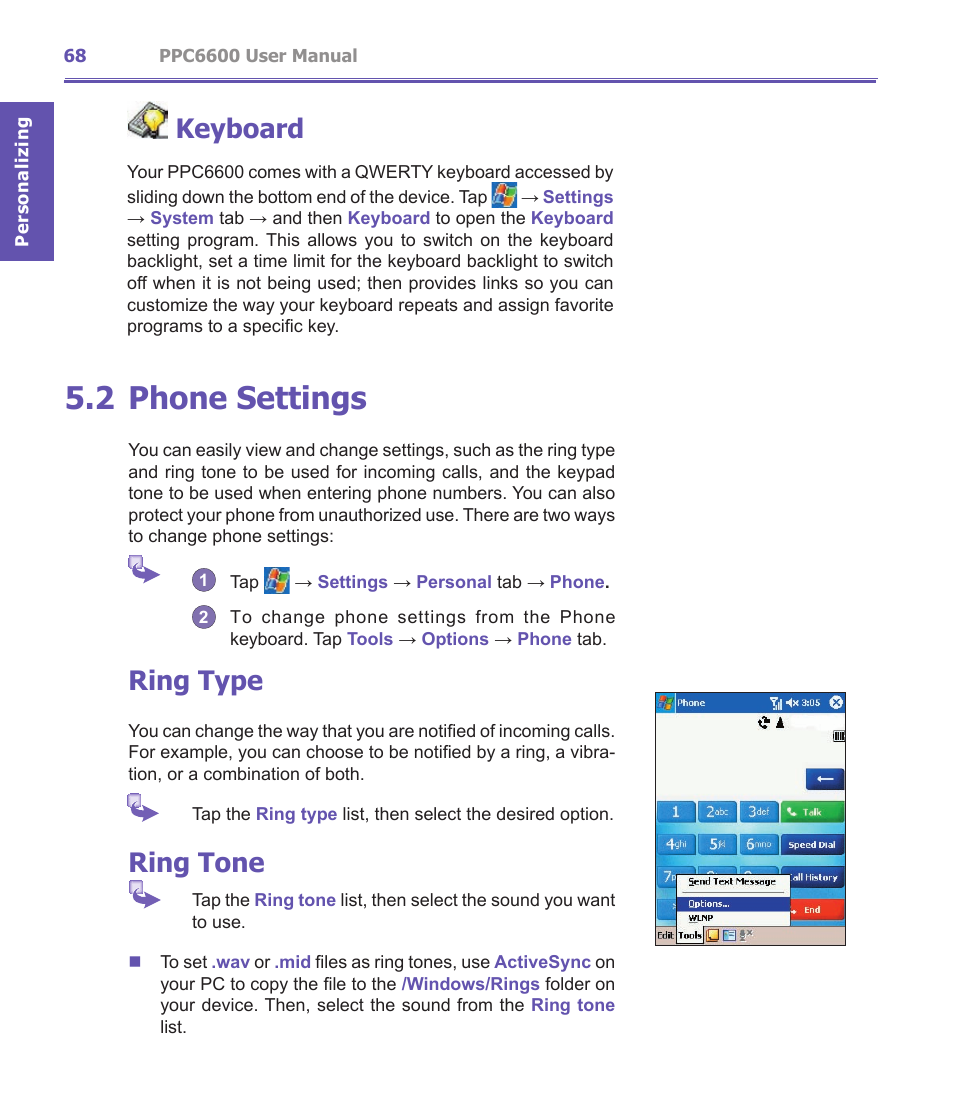 2 phone settings, Ring type, Ring tone | Keyboard | Audiovox PPC-6600 User Manual | Page 69 / 167