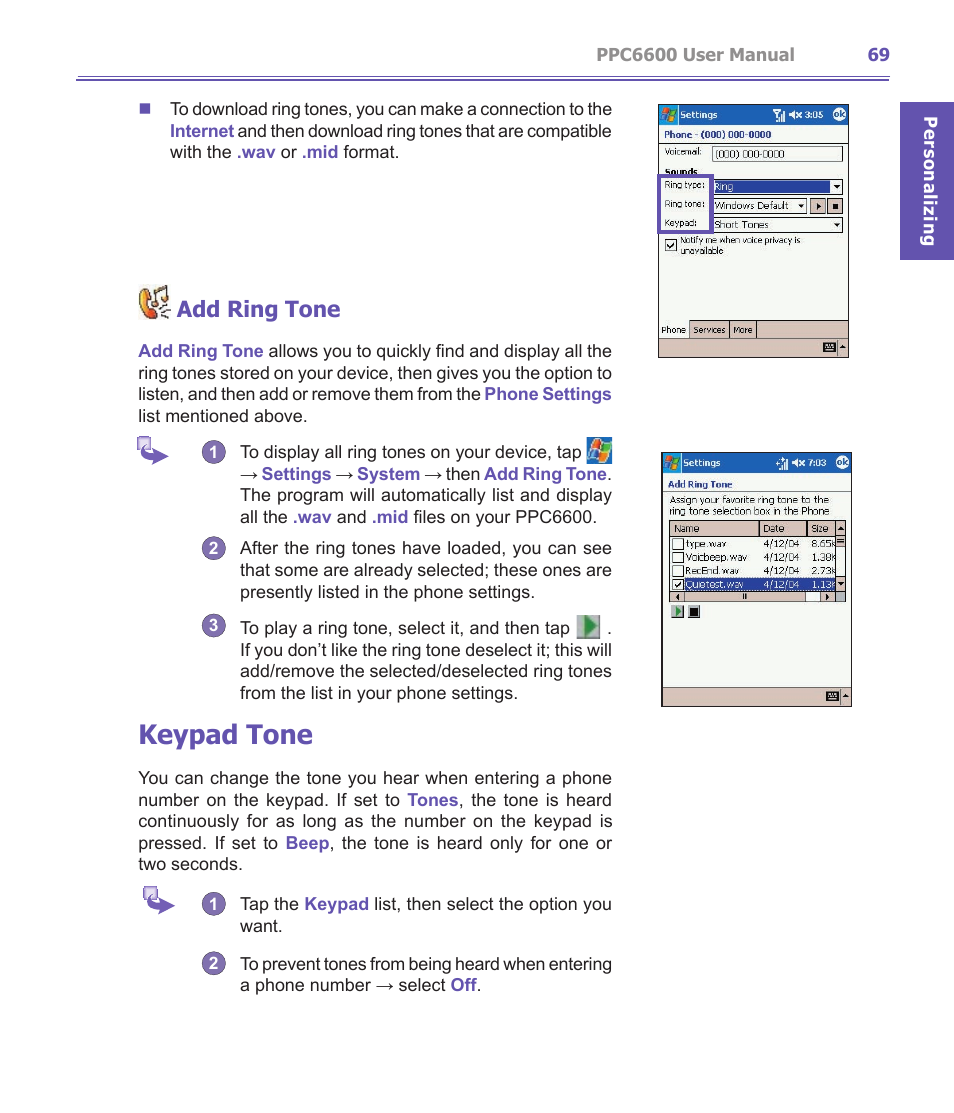 Keypad tone, Add ring tone | Audiovox PPC-6600 User Manual | Page 70 / 167