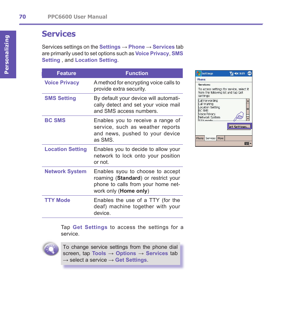 Services | Audiovox PPC-6600 User Manual | Page 71 / 167