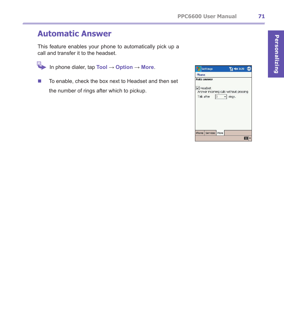 Automatic answer | Audiovox PPC-6600 User Manual | Page 72 / 167