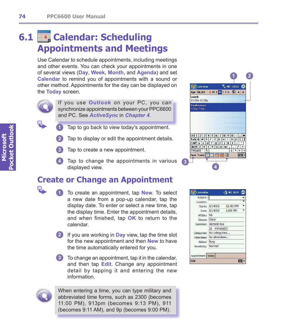 1 calendar: scheduling appointments and meetings, Create or change an appointment | Audiovox PPC-6600 User Manual | Page 75 / 167