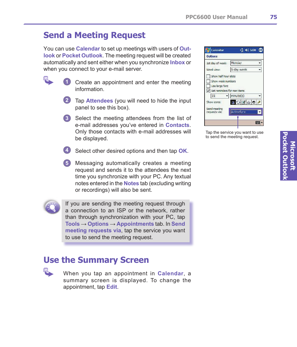 Send a meeting request, Use the summary screen | Audiovox PPC-6600 User Manual | Page 76 / 167