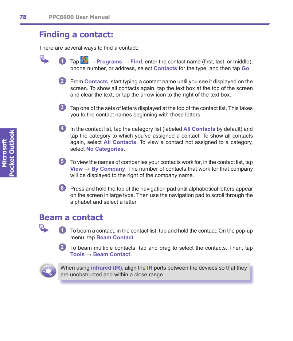 Finding a contact, Beam a contact | Audiovox PPC-6600 User Manual | Page 79 / 167
