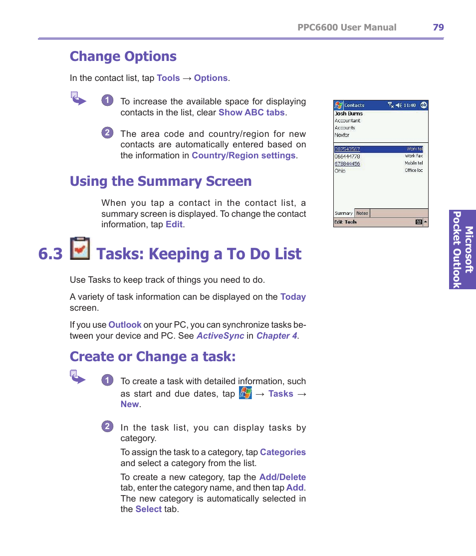 3 tasks: keeping a to do list, Change options, Using the summary screen | Create or change a task | Audiovox PPC-6600 User Manual | Page 80 / 167