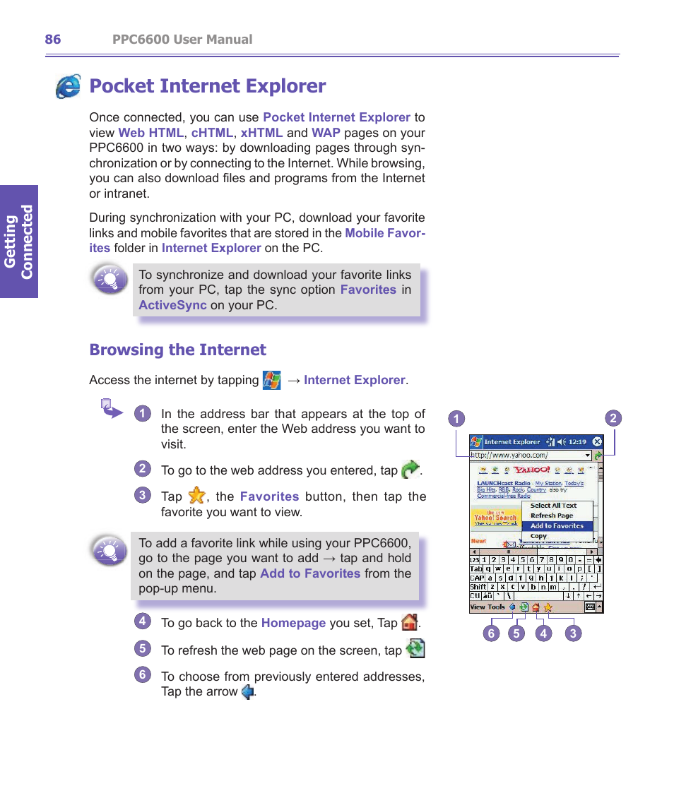 Pocket internet explorer, Browsing the internet | Audiovox PPC-6600 User Manual | Page 87 / 167