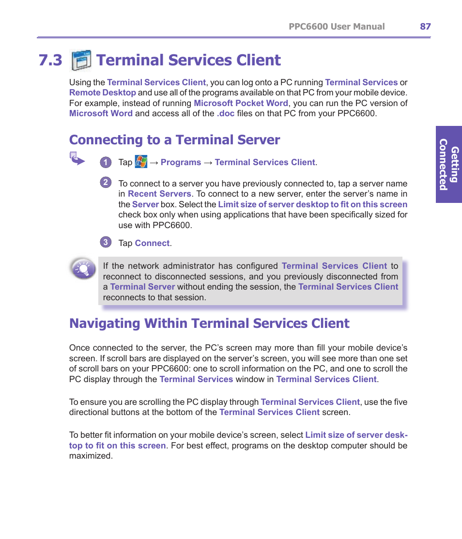 3 terminal services client, Connecting to a terminal server, Navigating within terminal services client | Audiovox PPC-6600 User Manual | Page 88 / 167