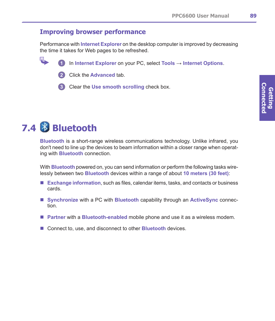 4 bluetooth, Improving browser performance | Audiovox PPC-6600 User Manual | Page 90 / 167