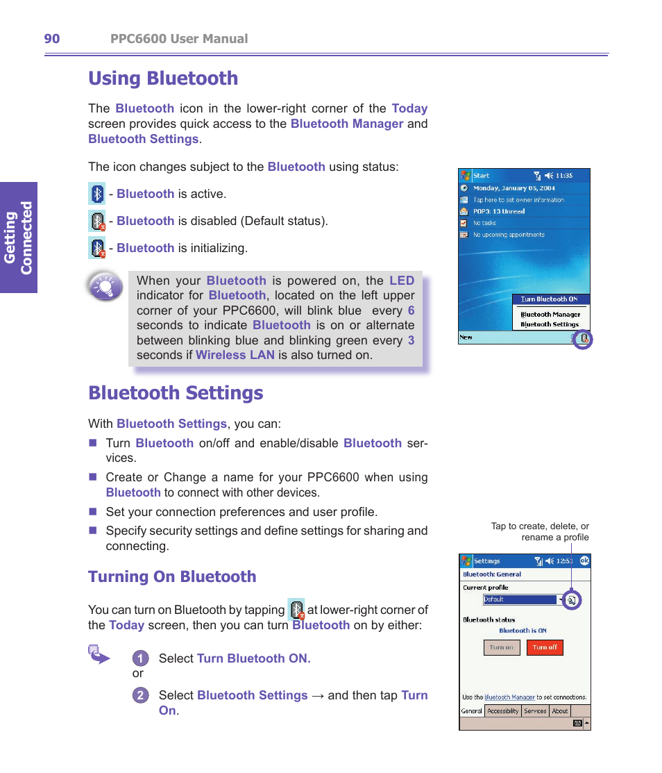 Using bluetooth, Bluetooth settings, Turning on bluetooth | Audiovox PPC-6600 User Manual | Page 91 / 167