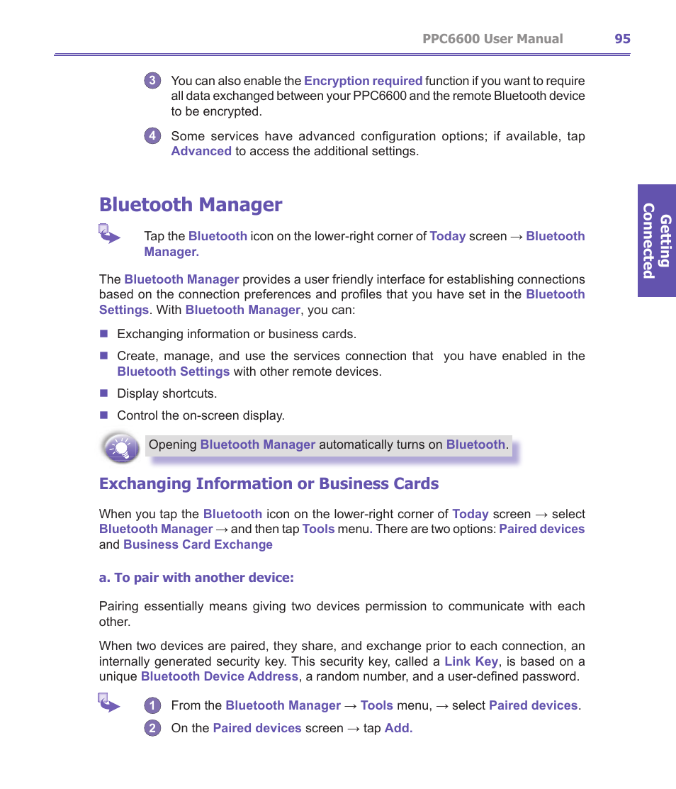 Bluetooth manager, Exchanging information or business cards | Audiovox PPC-6600 User Manual | Page 96 / 167