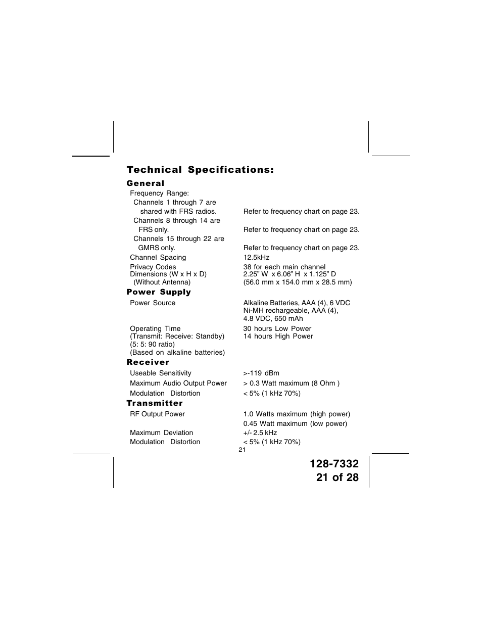 Technical specifications | Audiovox GMRS602PK User Manual | Page 21 / 28